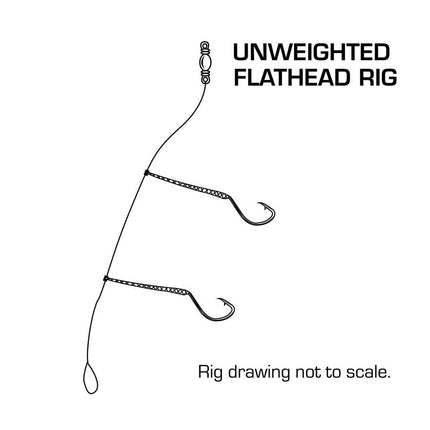 Unweighted flathead fishing rig diagram with two hooks and wire leader