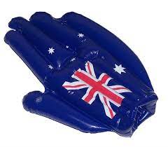 Giant inflatable blow-up hand with Australian flag print, blue.