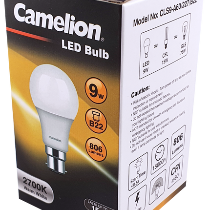 Camelion 9W warm white LED bulb B22 packaging box with bulb illustration