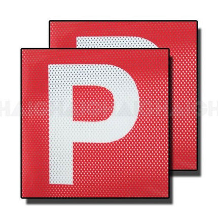 Set of two red perforated P plates with white letter P squares
