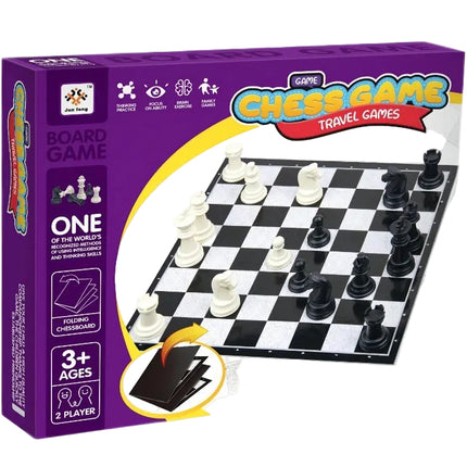 Travel chess board game set in purple box, includes foldable chessboard and pieces