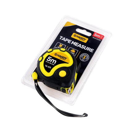 Packaged 5m tape measure with yellow blade, black case, and clear protective blister