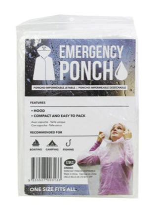 Disposable clear poncho with hood, one size, packaged for emergency use