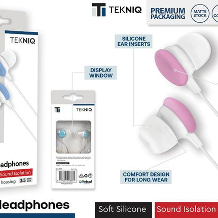 Wired TEKNIQ in-ear earphones with silicone tips, white and pink earbuds