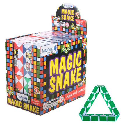 Magic cube snake puzzle in a retail box with a green assembled snake