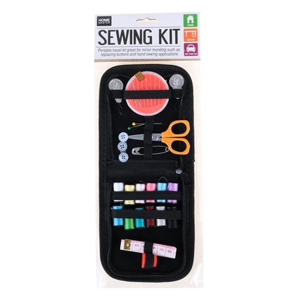 Black zippered sewing travel kit case with pins, scissors, and colorful thread spools