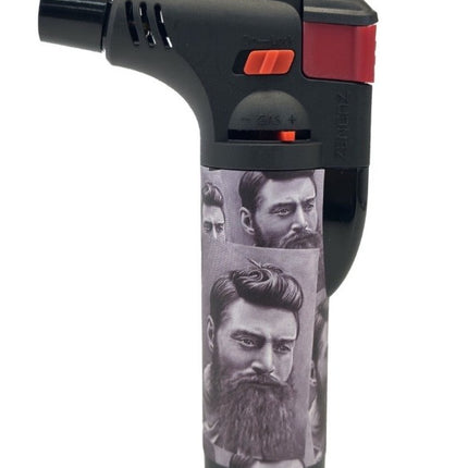 Black jet lighter side view with red switch, Ned Kelly portrait graphic panel and base trim