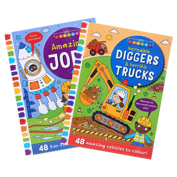 Kids coloring book set with 2 vehicle designs, 48-page covers
