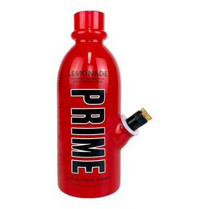 Red Prime water bottle with ridged cap and squeeze spout, hydration drink label.