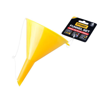 Yellow plastic funnel with spout attached to HANDY 4-piece set tag