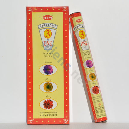HEM Precious 3-in-One incense stick pack, red and yellow wrapper with floral circles
