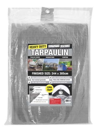 Heavy-duty gray tarpaulin tarp with metal grommet, packaged
