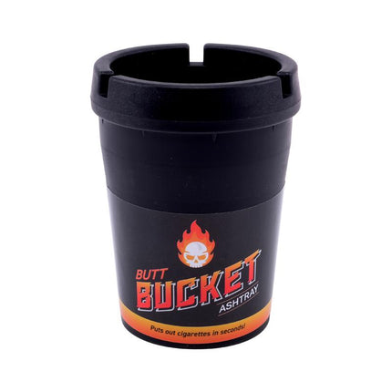 Black butt bucket ashtray with removable lid, flame graphic on front