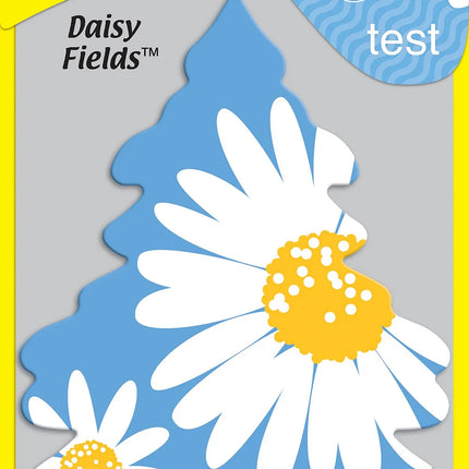 Little Trees air freshener card with large daisy artwork and blue background