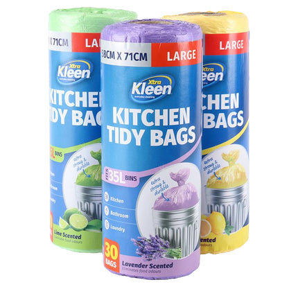 Large kitchen tidy waste bags multi-pack with lavender, blue, and yellow rolls