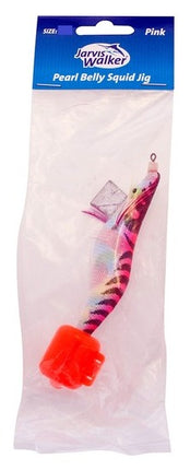 Pink 3.0 squid jig lure with pearly belly pattern in clear package