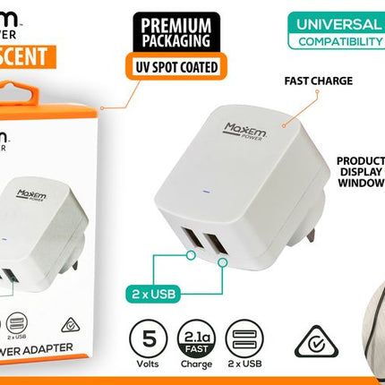 2-USB USB AC power adapter box with charger showing wall plug and charging icons