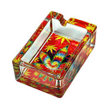 Rectangle glass printed ashtray with colorful tropical pattern and raised rim