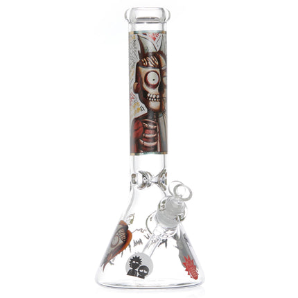 Clear glass water beaker with abstract cartoon character print, wide base
