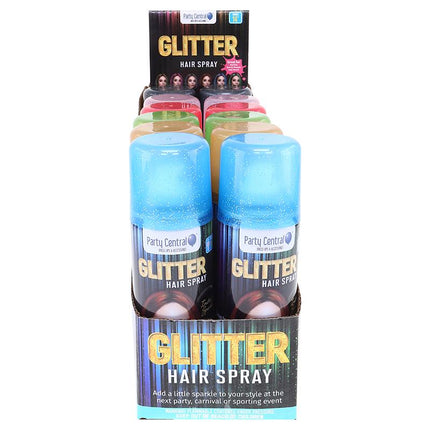 Glitter hair spray twin pack with two light blue cans and black product label