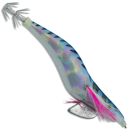 Squid jig lure with iridescent blue-silver body, pink feathered skirt, treble hooks