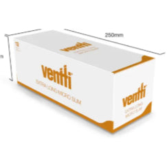 Ventti extra long micro slim filters box with product dimensions, white and orange