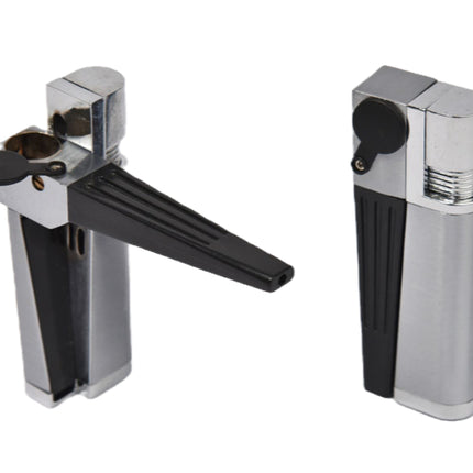 Stainless steel windproof lighter with black side lever and round ignition cap
