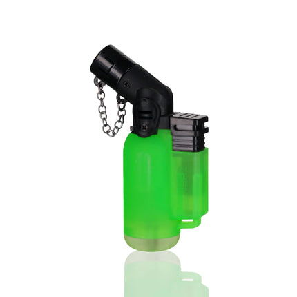Green jet lighter with black top, chain keyring, and angled flame nozzle