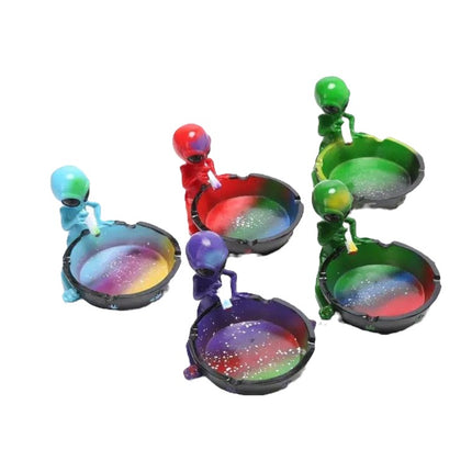 Set of 4 alien ashtrays with assorted colored figurines and galaxy bowls