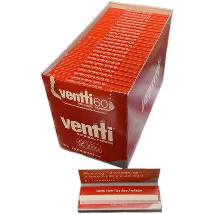 Ventti 60 original papers box with top stack of red booklet strips and loose booklet
