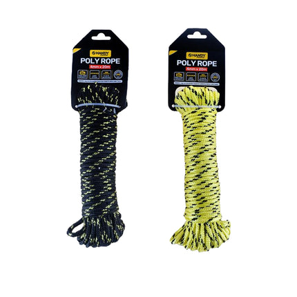 Diamond-braided poly rope bundle, dark navy and bright lime on hanging cards