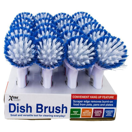 Dish brush set in display box, blue bristles on white handles