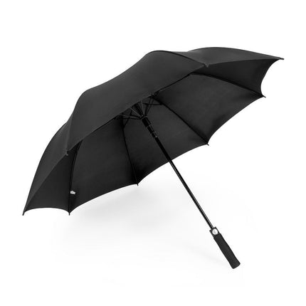 Extra-large auto open umbrella, black canopy with black frame and curved strap handle