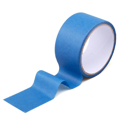 Blue painters masking tape on roll with loose strip, 4.8 cm wide