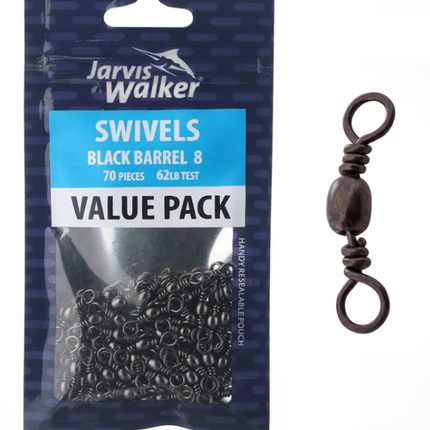 Jarvis Walker black barrel swivel size 8 with two rings and coiled barrel, value pack shown
