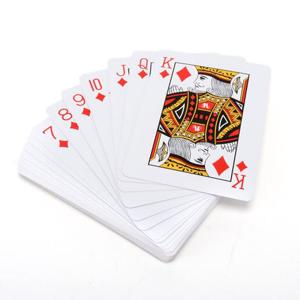 Jumbo playing cards deck fanned, showing king, queen, jack and red diamond suit symbols
