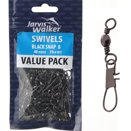 Pack of black snap swivel fishing connectors, size 8, 40-piece value pack