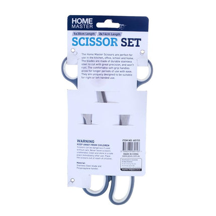 Scissors set 3-pack on back-of-pack display with blue handles and silver blades