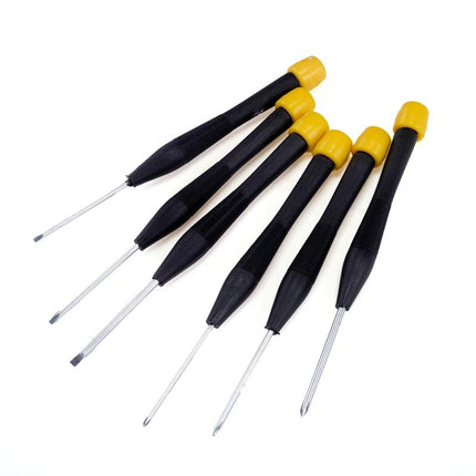 Precision screwdriver set of 6 with black grips, yellow caps, and metal shafts