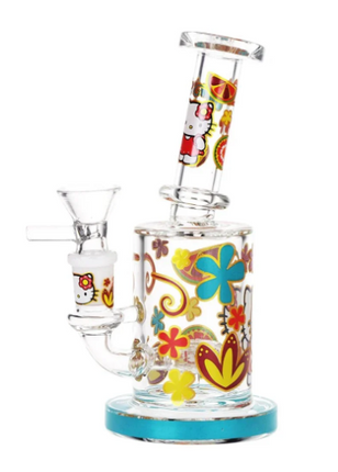 Mini glass water pipe with Hello Kitty-style decals and curved side arm