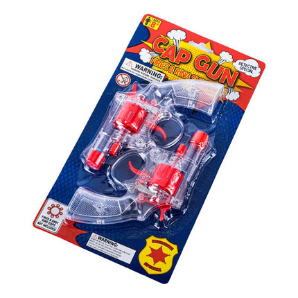 Cap gun toy set blister pack, blue card backing with red and clear launcher