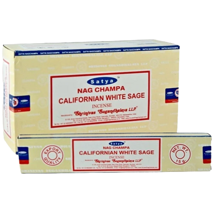 Satya Nag Champa incense cartons with Californian White Sage label, 180g