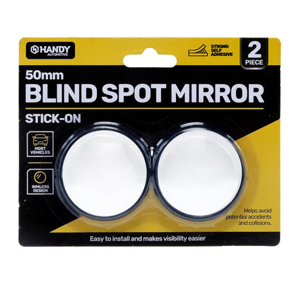 Stick-on blind spot mirrors 2-pack in retail box, two round black-rim mirrors
