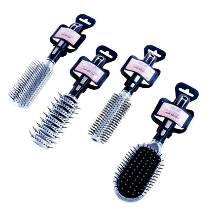 Hair styling brush set of 4 with silver bristles and blue handles, assorted designs