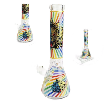 Tiger lion graphic water beaker bong, multicolor stripe wrap, clear glass