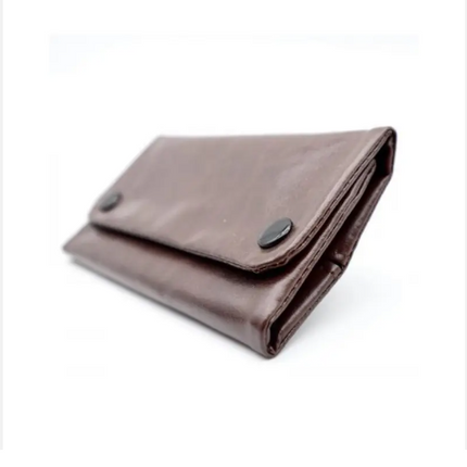 Leatherette tobacco pouch with folded flap and snap button, taupe with dark edges