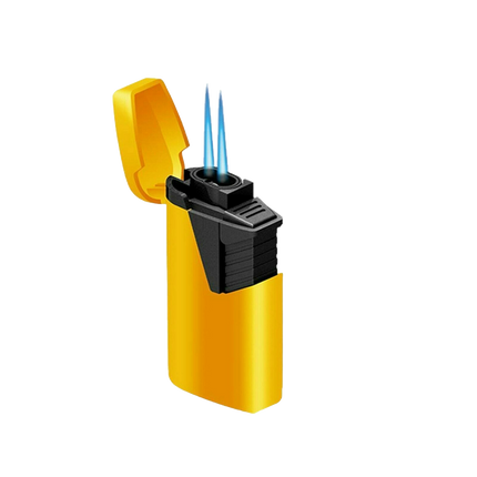 Yellow twin jet lighter with rubberized grip and blue flame