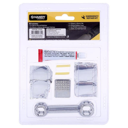 Bicycle puncture repair kit in blister pack: adhesive tube, patches, and spanner wrenches