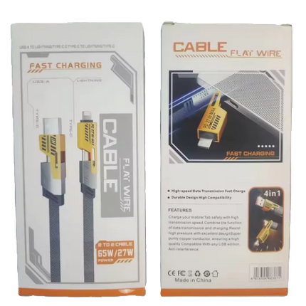 4-in-1 fast charging cable retail box showing USB, Lightning, and Type-C ports