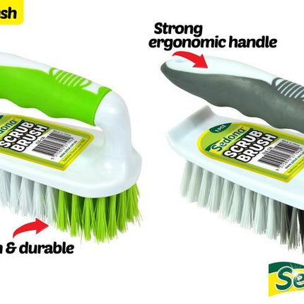 Two Sedona scrub brushes with ergonomic handles: green and gray, angled white base